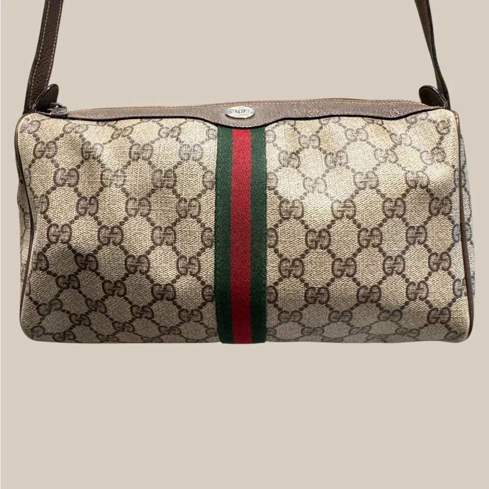 Gucci Beige GG Supreme Web Stripe Shoulder Bag